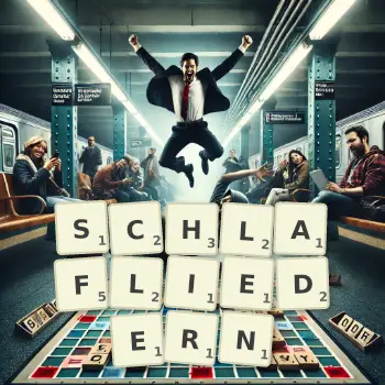 Kreative Illustration für ein Scrabble-Spiel, bei dem das Wort SCHLAFLIEDERN mit Steinen auf dem Brett gelegt wurde.