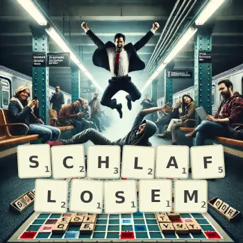 Kreative Illustration für ein Scrabble-Spiel, bei dem das Wort SCHLAFLOSEM mit Steinen auf dem Brett gelegt wurde.