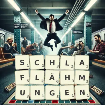 Kreative Illustration für ein Scrabble-Spiel, bei dem das Wort SCHLAFLÄHMUNGEN mit Steinen auf dem Brett gelegt wurde.
