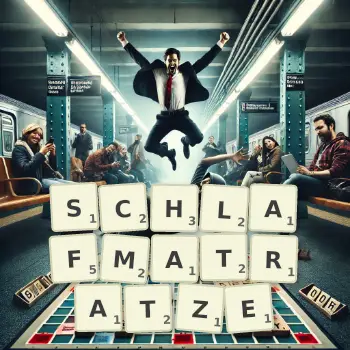 Kreative Illustration für ein Scrabble-Spiel, bei dem das Wort SCHLAFMATRATZE mit Steinen auf dem Brett gelegt wurde.