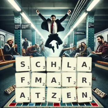 Kreative Illustration für ein Scrabble-Spiel, bei dem das Wort SCHLAFMATRATZEN mit Steinen auf dem Brett gelegt wurde.