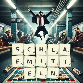 Kreative Illustration für ein Scrabble-Spiel, bei dem das Wort SCHLAFMITTELN mit Steinen auf dem Brett gelegt wurde.