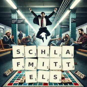 Kreative Illustration für ein Scrabble-Spiel, bei dem das Wort SCHLAFMITTELS mit Steinen auf dem Brett gelegt wurde.