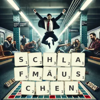 Kreative Illustration für ein Scrabble-Spiel, bei dem das Wort SCHLAFMÄUSCHEN mit Steinen auf dem Brett gelegt wurde.
