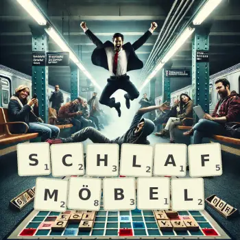 Kreative Illustration für ein Scrabble-Spiel, bei dem das Wort SCHLAFMÖBEL mit Steinen auf dem Brett gelegt wurde.