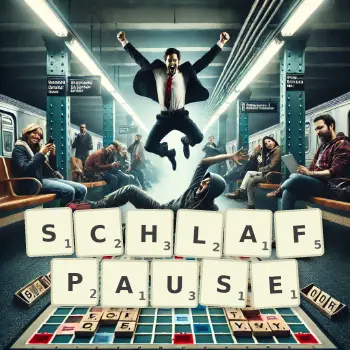 Kreative Illustration für ein Scrabble-Spiel, bei dem das Wort SCHLAFPAUSE mit Steinen auf dem Brett gelegt wurde.