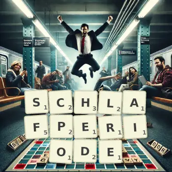 Kreative Illustration für ein Scrabble-Spiel, bei dem das Wort SCHLAFPERIODE mit Steinen auf dem Brett gelegt wurde.