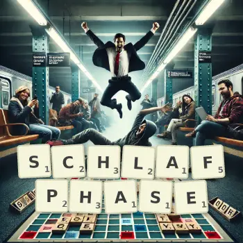 Kreative Illustration für ein Scrabble-Spiel, bei dem das Wort SCHLAFPHASE mit Steinen auf dem Brett gelegt wurde.