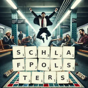 Kreative Illustration für ein Scrabble-Spiel, bei dem das Wort SCHLAFPOLSTERS mit Steinen auf dem Brett gelegt wurde.