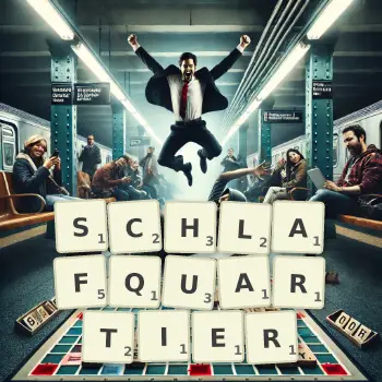 Kreative Illustration für ein Scrabble-Spiel, bei dem das Wort SCHLAFQUARTIER mit Steinen auf dem Brett gelegt wurde.