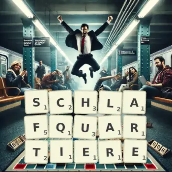 Kreative Illustration für ein Scrabble-Spiel, bei dem das Wort SCHLAFQUARTIERE mit Steinen auf dem Brett gelegt wurde.
