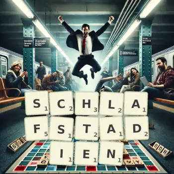 Kreative Illustration für ein Scrabble-Spiel, bei dem das Wort SCHLAFSTADIEN mit Steinen auf dem Brett gelegt wurde.
