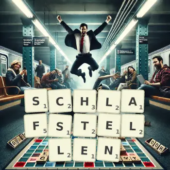 Kreative Illustration für ein Scrabble-Spiel, bei dem das Wort SCHLAFSTELLEN mit Steinen auf dem Brett gelegt wurde.