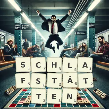 Kreative Illustration für ein Scrabble-Spiel, bei dem das Wort SCHLAFSTÄTTEN mit Steinen auf dem Brett gelegt wurde.