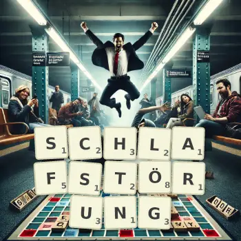 Kreative Illustration für ein Scrabble-Spiel, bei dem das Wort SCHLAFSTÖRUNG mit Steinen auf dem Brett gelegt wurde.