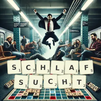 Kreative Illustration für ein Scrabble-Spiel, bei dem das Wort SCHLAFSUCHT mit Steinen auf dem Brett gelegt wurde.
