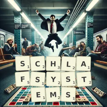 Kreative Illustration für ein Scrabble-Spiel, bei dem das Wort SCHLAFSYSTEMS mit Steinen auf dem Brett gelegt wurde.