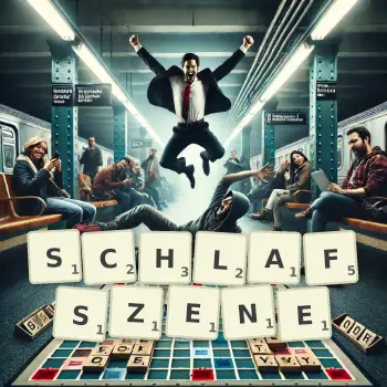 Kreative Illustration für ein Scrabble-Spiel, bei dem das Wort SCHLAFSZENE mit Steinen auf dem Brett gelegt wurde.