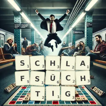 Kreative Illustration für ein Scrabble-Spiel, bei dem das Wort SCHLAFSÜCHTIG mit Steinen auf dem Brett gelegt wurde.