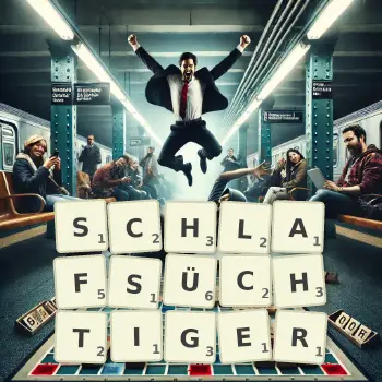 Kreative Illustration für ein Scrabble-Spiel, bei dem das Wort SCHLAFSÜCHTIGER mit Steinen auf dem Brett gelegt wurde.