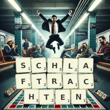 Kreative Illustration für ein Scrabble-Spiel, bei dem das Wort SCHLAFTRACHTEN mit Steinen auf dem Brett gelegt wurde.