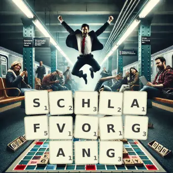 Kreative Illustration für ein Scrabble-Spiel, bei dem das Wort SCHLAFVORGANG mit Steinen auf dem Brett gelegt wurde.