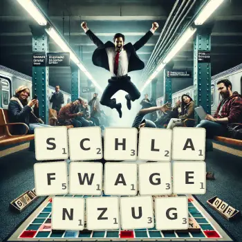 Kreative Illustration für ein Scrabble-Spiel, bei dem das Wort SCHLAFWAGENZUG mit Steinen auf dem Brett gelegt wurde.