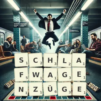 Kreative Illustration für ein Scrabble-Spiel, bei dem das Wort SCHLAFWAGENZÜGE mit Steinen auf dem Brett gelegt wurde.