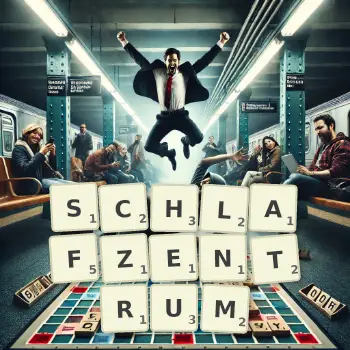 Kreative Illustration für ein Scrabble-Spiel, bei dem das Wort SCHLAFZENTRUM mit Steinen auf dem Brett gelegt wurde.
