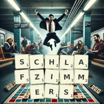 Kreative Illustration für ein Scrabble-Spiel, bei dem das Wort SCHLAFZIMMERS mit Steinen auf dem Brett gelegt wurde.