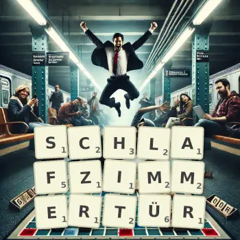 Kreative Illustration für ein Scrabble-Spiel, bei dem das Wort SCHLAFZIMMERTÜR mit Steinen auf dem Brett gelegt wurde.