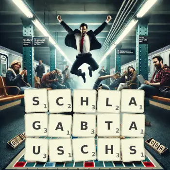 Kreative Illustration für ein Scrabble-Spiel, bei dem das Wort SCHLAGABTAUSCHS mit Steinen auf dem Brett gelegt wurde.