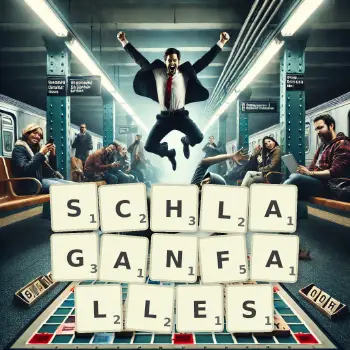 Kreative Illustration für ein Scrabble-Spiel, bei dem das Wort SCHLAGANFALLES mit Steinen auf dem Brett gelegt wurde.