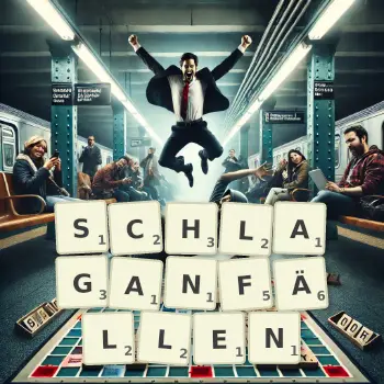 Kreative Illustration für ein Scrabble-Spiel, bei dem das Wort SCHLAGANFÄLLEN mit Steinen auf dem Brett gelegt wurde.