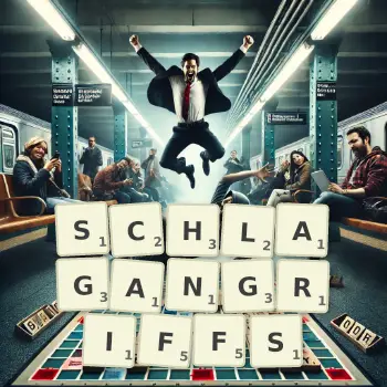 Kreative Illustration für ein Scrabble-Spiel, bei dem das Wort SCHLAGANGRIFFS mit Steinen auf dem Brett gelegt wurde.