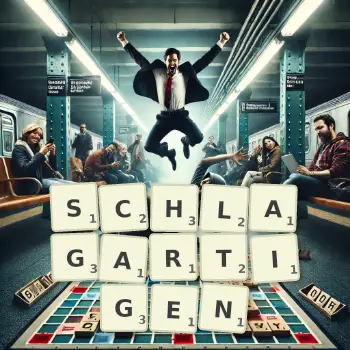 Kreative Illustration für ein Scrabble-Spiel, bei dem das Wort SCHLAGARTIGEN mit Steinen auf dem Brett gelegt wurde.