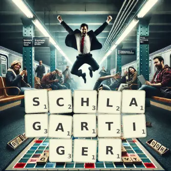 Kreative Illustration für ein Scrabble-Spiel, bei dem das Wort SCHLAGARTIGER mit Steinen auf dem Brett gelegt wurde.