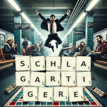 Kreative Illustration für ein Scrabble-Spiel, bei dem das Wort SCHLAGARTIGERE mit Steinen auf dem Brett gelegt wurde.
