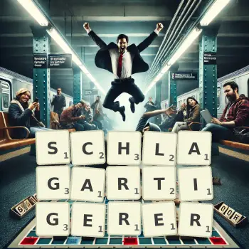 Kreative Illustration für ein Scrabble-Spiel, bei dem das Wort SCHLAGARTIGERER mit Steinen auf dem Brett gelegt wurde.