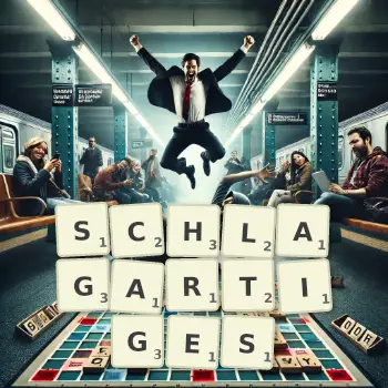 Kreative Illustration für ein Scrabble-Spiel, bei dem das Wort SCHLAGARTIGES mit Steinen auf dem Brett gelegt wurde.