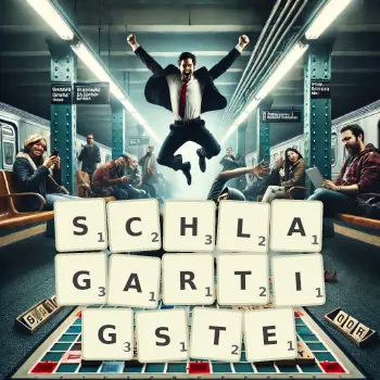 Kreative Illustration für ein Scrabble-Spiel, bei dem das Wort SCHLAGARTIGSTE mit Steinen auf dem Brett gelegt wurde.