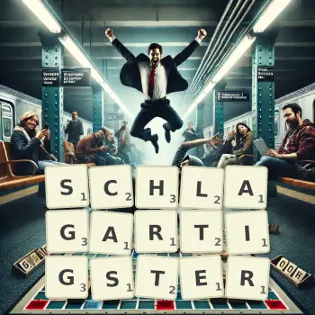 Kreative Illustration für ein Scrabble-Spiel, bei dem das Wort SCHLAGARTIGSTER mit Steinen auf dem Brett gelegt wurde.