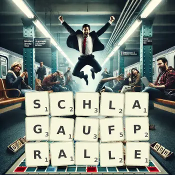Kreative Illustration für ein Scrabble-Spiel, bei dem das Wort SCHLAGAUFPRALLE mit Steinen auf dem Brett gelegt wurde.