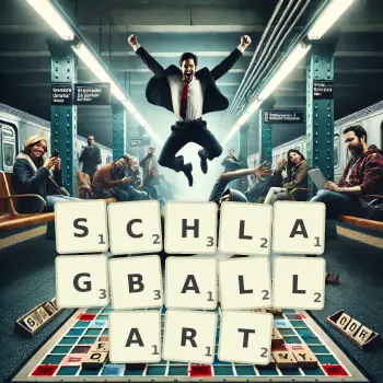 Kreative Illustration für ein Scrabble-Spiel, bei dem das Wort SCHLAGBALLART mit Steinen auf dem Brett gelegt wurde.