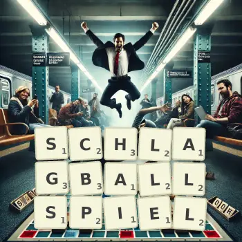 Kreative Illustration für ein Scrabble-Spiel, bei dem das Wort SCHLAGBALLSPIEL mit Steinen auf dem Brett gelegt wurde.