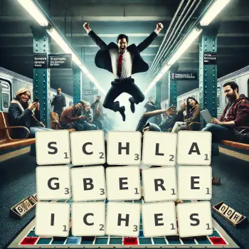 Kreative Illustration für ein Scrabble-Spiel, bei dem das Wort SCHLAGBEREICHES mit Steinen auf dem Brett gelegt wurde.