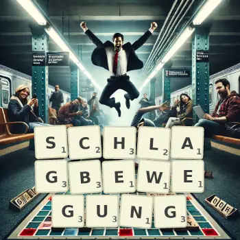 Kreative Illustration für ein Scrabble-Spiel, bei dem das Wort SCHLAGBEWEGUNG mit Steinen auf dem Brett gelegt wurde.
