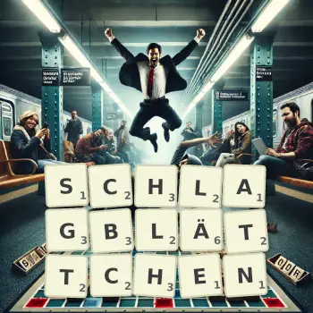 Kreative Illustration für ein Scrabble-Spiel, bei dem das Wort SCHLAGBLÄTTCHEN mit Steinen auf dem Brett gelegt wurde.