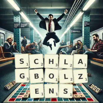 Kreative Illustration für ein Scrabble-Spiel, bei dem das Wort SCHLAGBOLZENS mit Steinen auf dem Brett gelegt wurde.