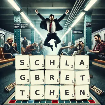 Kreative Illustration für ein Scrabble-Spiel, bei dem das Wort SCHLAGBRETTCHEN mit Steinen auf dem Brett gelegt wurde.